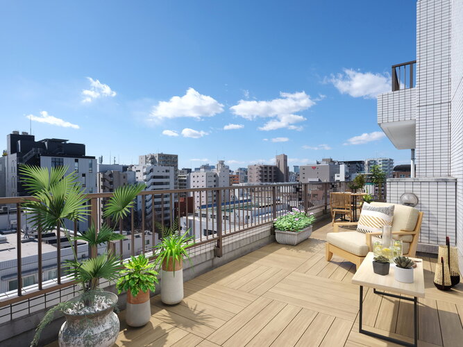 視界いっぱいに広がる青空を独り占めできるルーフバルコニー付きのお部屋です。頬を撫でる優しい風を感じられる心地の良い空間です。(家具やウッドデッキはイメージです。) 視界いっぱいに広がる青空を独り占めできるルーフバルコニー付きのお部屋です。頬を撫でる優しい風を感じられる心地の良い空間です。(家具やウッドデッキはイメージです。)