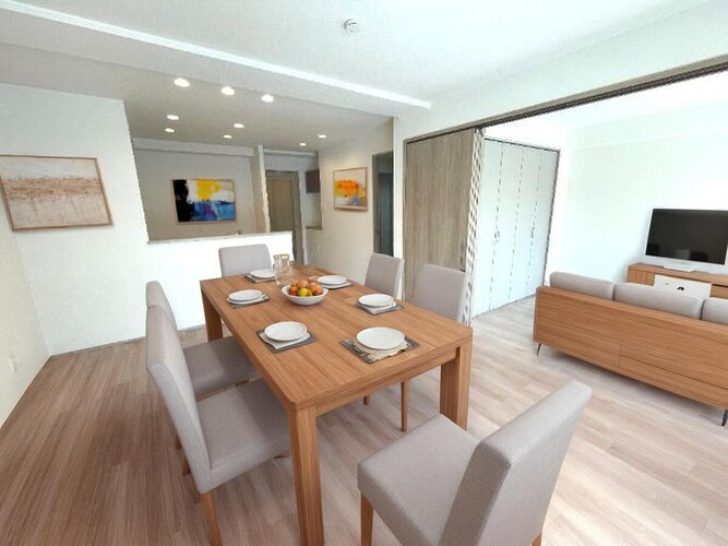 落ち着きのあるフローリングと清潔感のあるクロスが心和む空間を作り出しています。※設置家具はCGです。