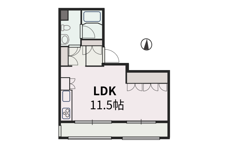 LDKが広々11.5帖のワンルームの間取りです。