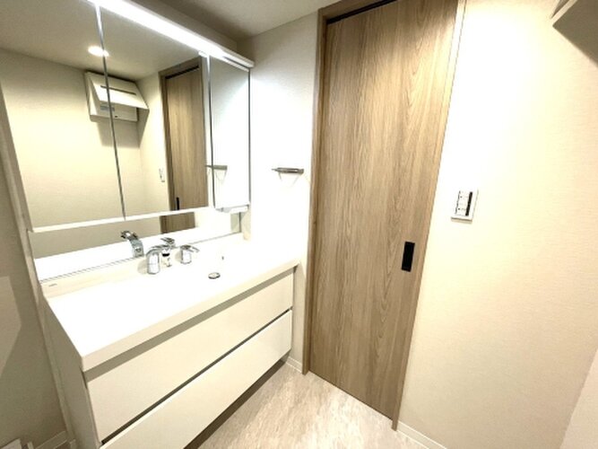 背面は収納付きの三面洗面化粧台。身だしなみチェックにも小物をスッキリ片付けるのにも便利です。