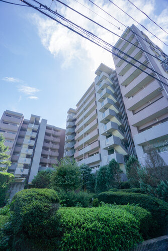 隙のないフォルムを包み込む植栽に囲まれたマンション。綺麗に手入れされております。