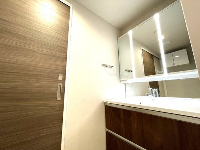 クリーンな色調のサニタリー空間はいつも新鮮な気持ちで身だしなみを整えられます。