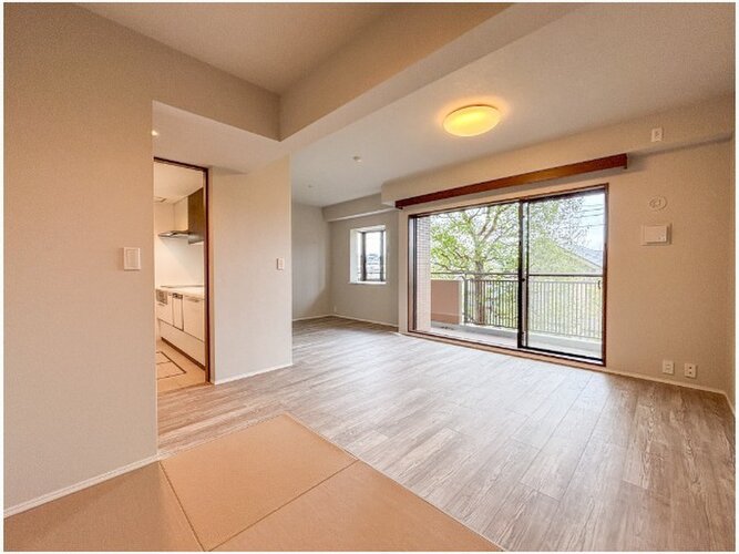 降り注ぐ陽光をいっぱいに浴びて、ライトと共にLDK全体を明るく・開放感のある快適な空間にしました。