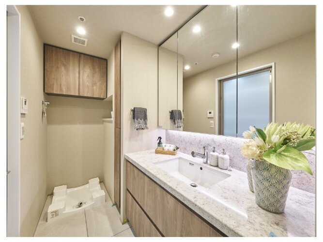 使いやすい収納たっぷりな洗面化粧台。身だしなみチェックや肌のお手入れも捗ります。