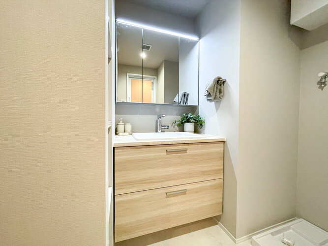 細かなものが多くて雑になりがちなサニタリー。そんな悩みを解決してくれる収納スペース付三面洗面化粧台。