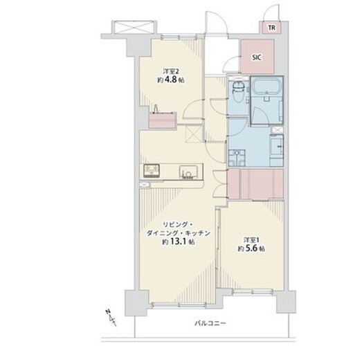 2LDK+SIC+W+TR、専有面積58.84平米(TR面積0.40平米含む)、バルコニー8.26平米 2LDK+SIC+W+TR、専有面積58.84平米(TR面積0.40平米含む)、バルコニー8.26平米