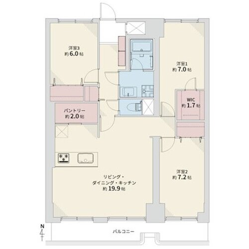 3LDK+WIC+パントリー、専有面積94.14㎡、バルコニー面積9.42㎡ 3LDK+WIC+パントリー、専有面積94.14㎡、バルコニー面積9.42㎡