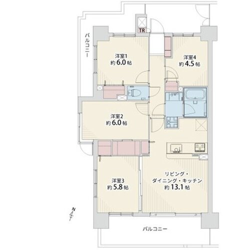 4LDK+W+TR、専有面積75.10㎡、バルコニー面積20.33㎡、専用ポーチ面積7.22㎡、トランクルーム面積0.19㎡、室内リノベーション実施 4LDK+W+TR、専有面積75.10㎡、バルコニー面積20.33㎡、専用ポーチ面積7.22㎡、トランクルーム面積0.19㎡、室内リノベーション実施
