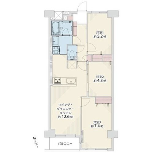 3LDK、専有面積65.08㎡、バルコニー面積3.24㎡、室内リノベーション実施 3LDK、専有面積65.08㎡、バルコニー面積3.24㎡、室内リノベーション実施