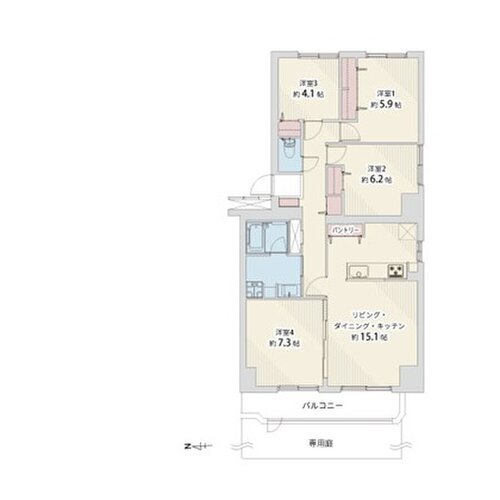4LDK+パントリー+専用庭、専有面積90.45平米、バルコニー7.52平米、専用庭約42平米※弊社内法による採寸 4LDK+パントリー+専用庭、専有面積90.45平米、バルコニー7.52平米、専用庭約42平米※弊社内法による採寸