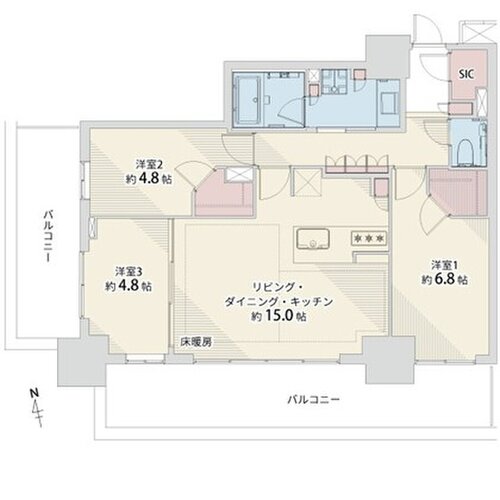 3LDK+2W+SIC、専有面積74.64㎡、バルコニー28.09㎡、室内リノベーション実施 3LDK+2W+SIC、専有面積74.64㎡、バルコニー28.09㎡、室内リノベーション実施