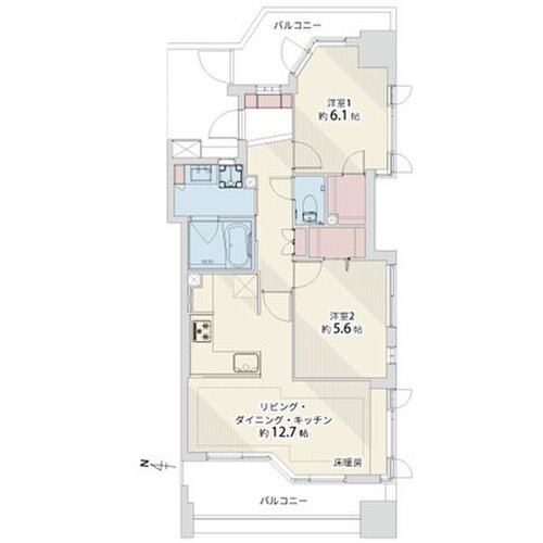 2LDK+2WIC、専有面積59.39㎡、バルコニー面積15.03㎡、ポーチ面積5.09㎡、ペット飼育相談、室内リノベーション実施 2LDK+2WIC、専有面積59.39㎡、バルコニー面積15.03㎡、ポーチ面積5.09㎡、ペット飼育相談、室内リノベーション実施