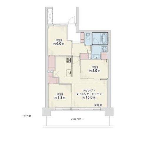 3LDK+2W、専有面積70.44㎡、バルコニー14.60㎡ 3LDK+2W、専有面積70.44㎡、バルコニー14.60㎡