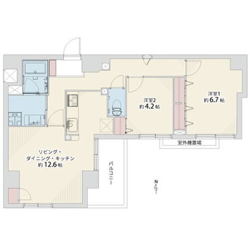 2LDK、専有面積61.31㎡、バルコニー面積5.34㎡、室外機置場1.25㎡、室内リノベーション実施 2LDK、専有面積61.31㎡、バルコニー面積5.34㎡、室外機置場1.25㎡、室内リノベーション実施