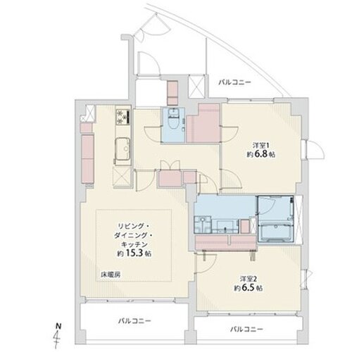 2LDK+W+離れ、専有面積68.44㎡、バルコニー面積14.48㎡、室内リノベーション実施 2LDK+W+離れ、専有面積68.44㎡、バルコニー面積14.48㎡、室内リノベーション実施