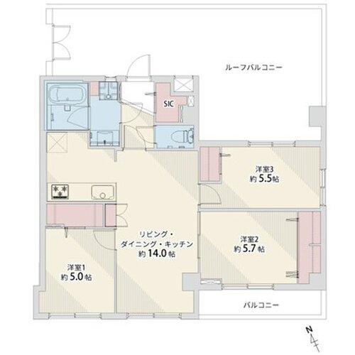 3LDK+WIC+ルーフバルコニー、専有面積65.27㎡、バルコニー面積3.6㎡、ルーフバルコニー面積31.2㎡、室内リノベーション実施 3LDK+WIC+ルーフバルコニー、専有面積65.27㎡、バルコニー面積3.6㎡、ルーフバルコニー面積31.2㎡、室内リノベーション実施