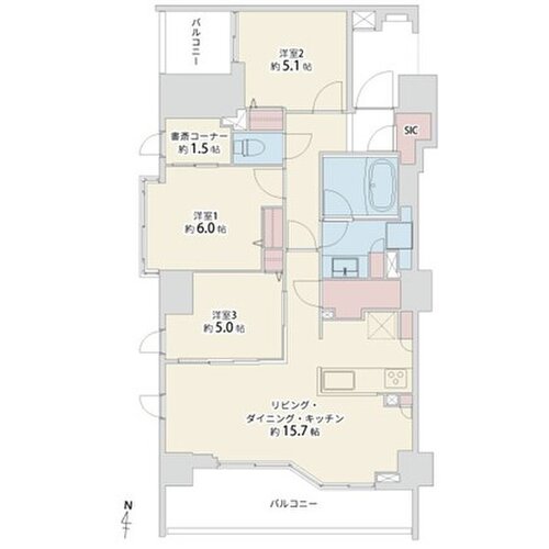 3LDK+SIC+書斎コーナー、専有面積77.09平米、バルコニー16.16平米 3LDK+SIC+書斎コーナー、専有面積77.09平米、バルコニー16.16平米