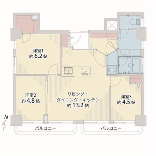 3LDK+W、専有面積63.64㎡、バルコニー4.44㎡※弊社採寸 3LDK+W、専有面積63.64㎡、バルコニー4.44㎡※弊社採寸