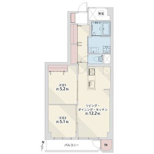 2LDK+TR、専有面積57.07㎡、バルコニー面積5.64㎡、室内リノベーション実施 2LDK+TR、専有面積57.07㎡、バルコニー面積5.64㎡、室内リノベーション実施