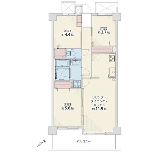 3LDK、専有面積57.87平米、バルコニー9.28平米、アルコーブ1.05平米 3LDK、専有面積57.87平米、バルコニー9.28平米、アルコーブ1.05平米