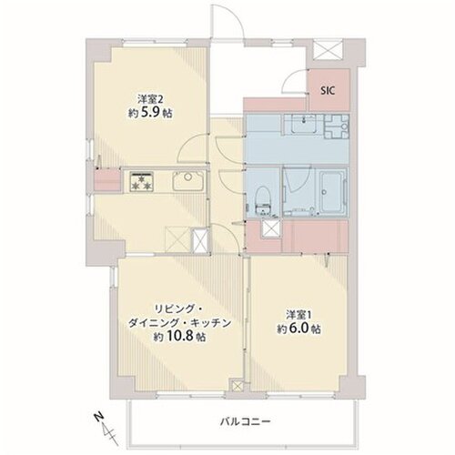 2LDK+WIC、専有面積58.14㎡、バルコニー面積7.41㎡、室内リノベーション実施 2LDK+WIC、専有面積58.14㎡、バルコニー面積7.41㎡、室内リノベーション実施