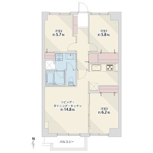 3LDK、専有面積74.16平米、バルコニー4.12平米、トランクルーム1.40平米 3LDK、専有面積74.16平米、バルコニー4.12平米、トランクルーム1.40平米