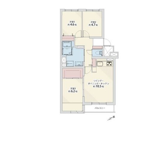 3LDK+WIC、専有面積64.55㎡、バルコニー面積3.5㎡、室内リノベーション実施 3LDK+WIC、専有面積64.55㎡、バルコニー面積3.5㎡、室内リノベーション実施