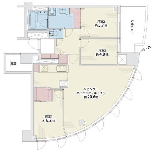3LDK+W、専有面積88.99㎡、バルコニー9.07㎡ 3LDK+W、専有面積88.99㎡、バルコニー9.07㎡