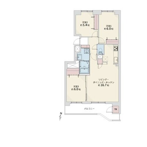 3LDK+TR、専有面積74.28平米、バルコニー11.10平米 3LDK+TR、専有面積74.28平米、バルコニー11.10平米