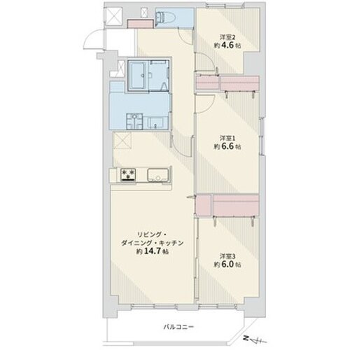 3LDK、専有面積73.81㎡、バルコニー面積8.18㎡、室内リノベーション実施 3LDK、専有面積73.81㎡、バルコニー面積8.18㎡、室内リノベーション実施