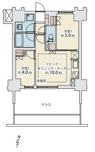 2LDK、専有面積44.06㎡、テラス面積9.0㎡、室内クリーニング実施 2LDK、専有面積44.06㎡、テラス面積9.0㎡、室内クリーニング実施