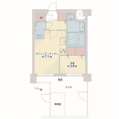 1DK+SIC+テラス+専用庭、専有面積30.85平米、テラス10.76平米、専用庭3.40平米 1DK+SIC+テラス+専用庭、専有面積30.85平米、テラス10.76平米、専用庭3.40平米