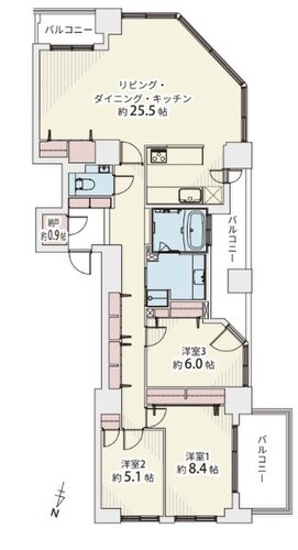 3LDK+納戸、専有面積109.85平米、バルコニー15.76平米 3LDK+納戸、専有面積109.85平米、バルコニー15.76平米