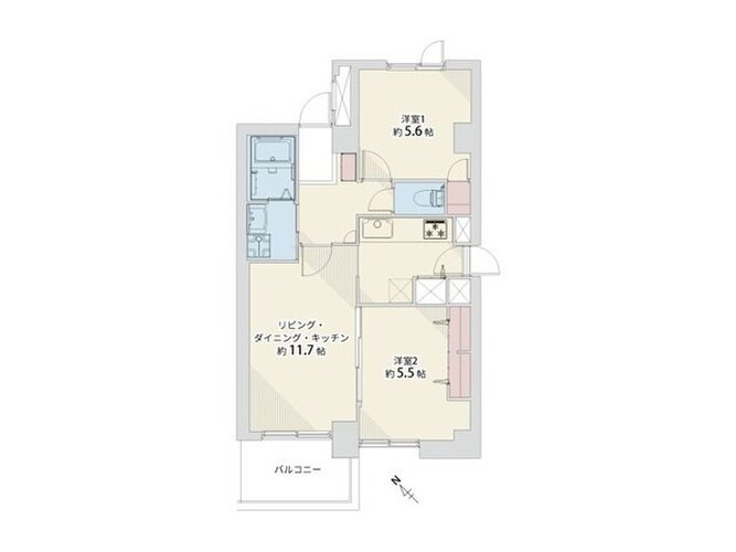 2LDK、専有面積53.68㎡、バルコニー面積5.34㎡、室内リノベーション実施 2LDK、専有面積53.68㎡、バルコニー面積5.34㎡、室内リノベーション実施