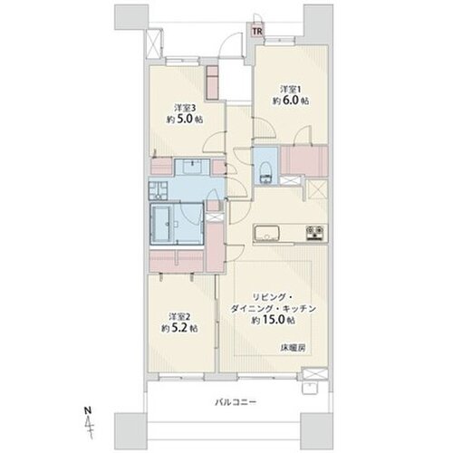 3SLDK+W+TR、専有面積71.94平米(TR0.22含む)、バルコニー12.80平米、オープンポーチ3.79平米 3SLDK+W+TR、専有面積71.94平米(TR0.22含む)、バルコニー12.80平米、オープンポーチ3.79平米