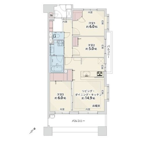 3LDK+2W+TR、専有面積72.47㎡、バルコニー面積12.8㎡、室内リノベーション実施 3LDK+2W+TR、専有面積72.47㎡、バルコニー面積12.8㎡、室内リノベーション実施