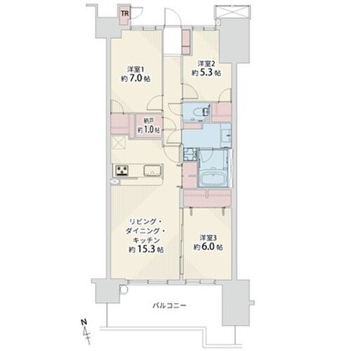 3LDK+納戸+2W+TR、専有面積78平米(TR面積0.50平米含む)、バルコニー14.91平米 3LDK+納戸+2W+TR、専有面積78平米(TR面積0.50平米含む)、バルコニー14.91平米