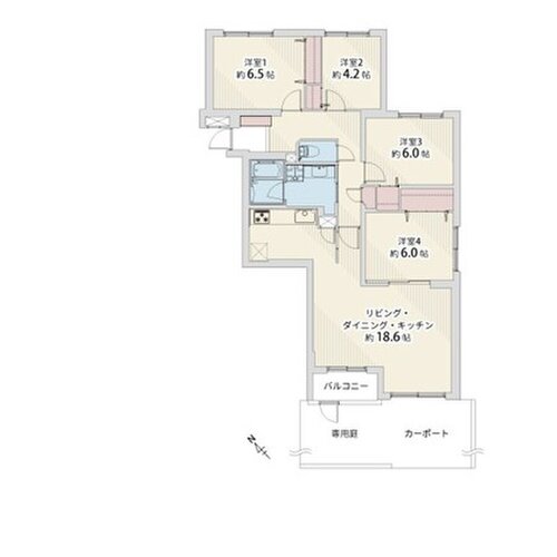4LDK+専用庭、専有面積92.80㎡、バルコニー面積3.38㎡、専用庭面積約29㎡、室内リノベーション実施 4LDK+専用庭、専有面積92.80㎡、バルコニー面積3.38㎡、専用庭面積約29㎡、室内リノベーション実施