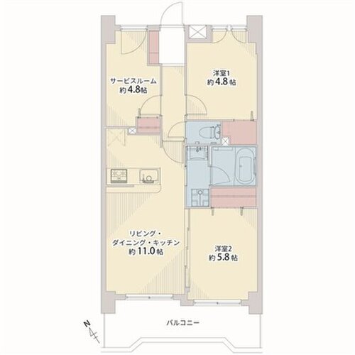 2LDK+S+W、専有面積56.99平米、バルコニー8.87平米 2LDK+S+W、専有面積56.99平米、バルコニー8.87平米