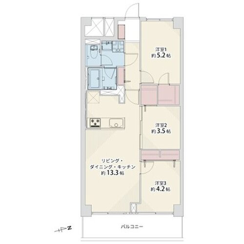 3LDK+W、専有面積61.60平米、バルコニー7.84平米 3LDK+W、専有面積61.60平米、バルコニー7.84平米