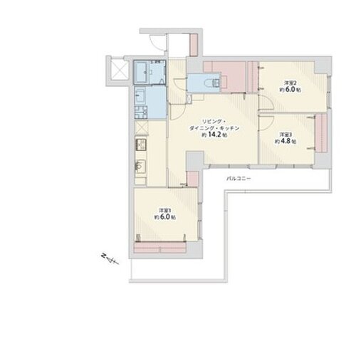 3LDK、専有面積73.20㎡、バルコニー面積18.85㎡、室内リノベーション実施 3LDK、専有面積73.20㎡、バルコニー面積18.85㎡、室内リノベーション実施