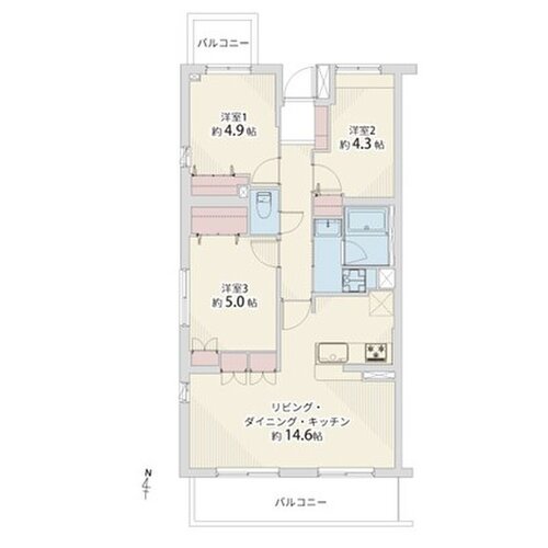 3LDK、専有面積64.14平米、バルコニー10.39平米 3LDK、専有面積64.14平米、バルコニー10.39平米
