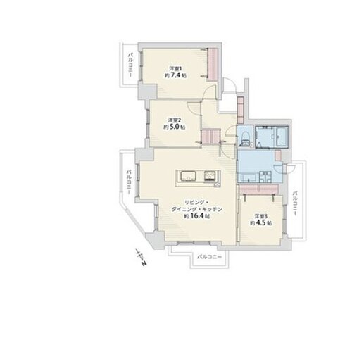 3LDK、専有面積74.84㎡、バルコニー9.38㎡、室内リノベーション実施 3LDK、専有面積74.84㎡、バルコニー9.38㎡、室内リノベーション実施