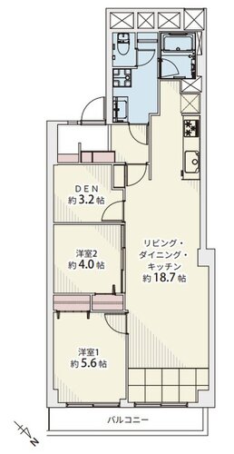 2LDK+DEN、専有面積70.05平米、バルコニー5.22平米 2LDK+DEN、専有面積70.05平米、バルコニー5.22平米