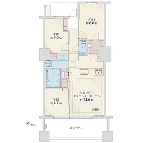 3LDK+WIC、専有面積64.48㎡、バルコニー面積12.00㎡、室内リノベーション 3LDK+WIC、専有面積64.48㎡、バルコニー面積12.00㎡、室内リノベーション