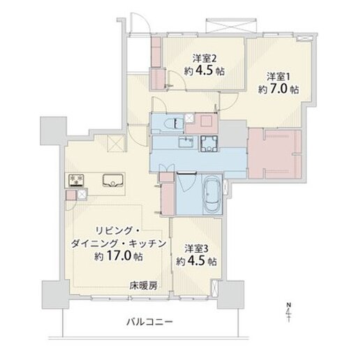 3LDK+W、専有面積79.81㎡、バルコニー11.97㎡、室内リノベーション実施 3LDK+W、専有面積79.81㎡、バルコニー11.97㎡、室内リノベーション実施