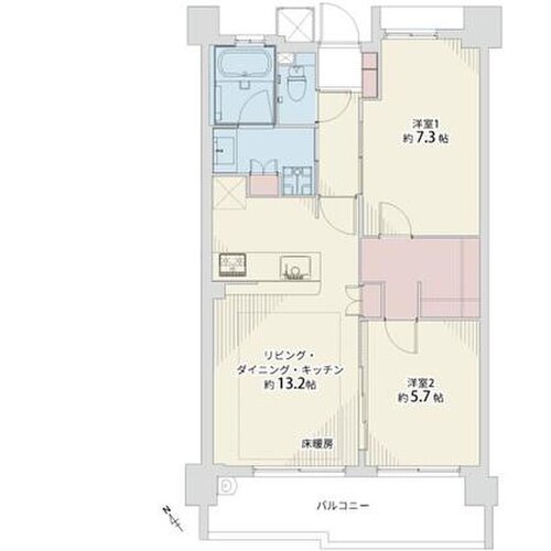 2LDK+W、専有面積60.86㎡、バルコニー9.54㎡、室外機置場1.25㎡ 2LDK+W、専有面積60.86㎡、バルコニー9.54㎡、室外機置場1.25㎡