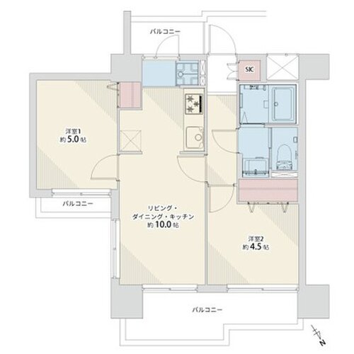 2LDK+SIC、専有面積43.93平米、バルコニー10.39平米 2LDK+SIC、専有面積43.93平米、バルコニー10.39平米