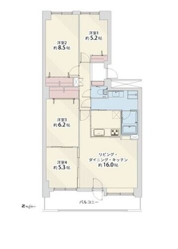4LDK、専有面積91.66㎡、バルコニー面積10.60㎡、室内リノベーション実施 4LDK、専有面積91.66㎡、バルコニー面積10.60㎡、室内リノベーション実施