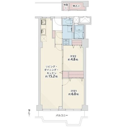 2LDK、専有面積59.41㎡、バルコニー面積7.30㎡、室内リノベーション実施 2LDK、専有面積59.41㎡、バルコニー面積7.30㎡、室内リノベーション実施